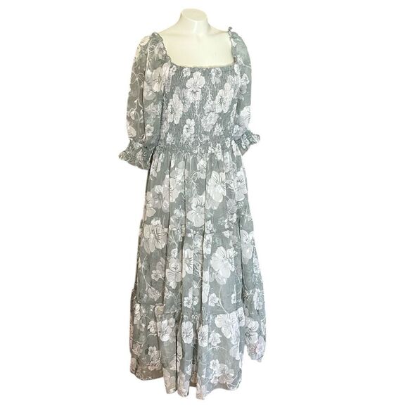 Baltic Born Fabian Jacquard Neutral Floral Smoked Bodice Puff  Sleeve Midi Dress - Picture 2 of 9